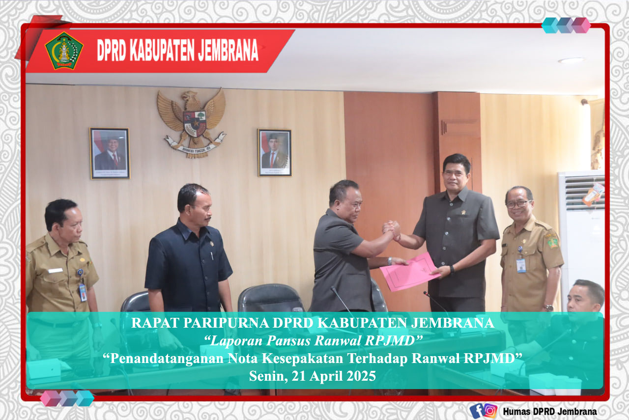 Rapat Paripurna DPRD Kabupaten Jembrana menyetujui Rancangan Awal (Ranwal) Rencana Pembangunan Jangka Menengah Daerah (RPJMD) Semesta Berencana Kabupaten Jembrana Tahun 2025–2029. cover